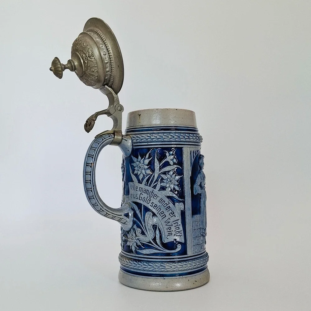 Vintage German 1L Beer Stein Cobalt Relief Pewter Lid #789 Einladung zum Tanz